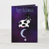 かわいい牛が月のハロウィーンから飛び降りた カード (正面)