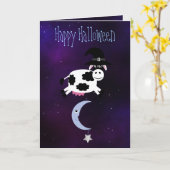 かわいい牛が月のハロウィーンから飛び降りた カード (黄色い花)