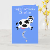 かわいい牛が月の挨拶状を飛び越える カード (黄色い花)