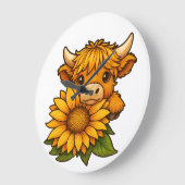 かわいい牛とひまわり ラージ壁時計 (傾斜)