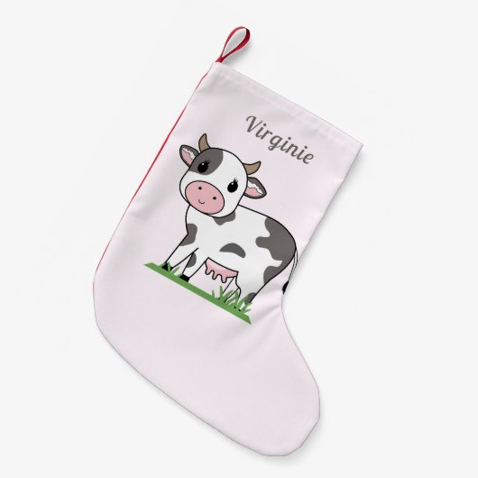 かわいい牛とピンクのクリスマスストッキング スモールクリスマスストッキング (正面 (吊り時))