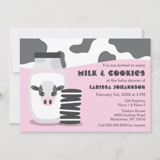 かわいい牛とミルクとクッキーピンクの赤ちゃんシャワー 招待状 (正面)