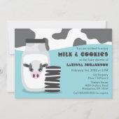 かわいい牛とミルクとクッキー青い赤ちゃんシャワー 招待状 (正面)