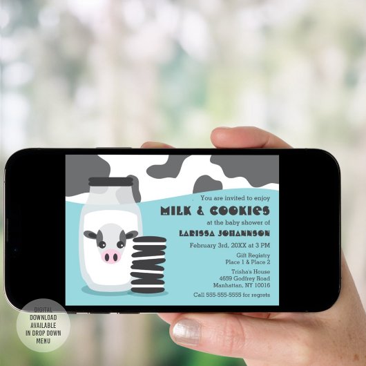 かわいい牛とミルクとクッキー青い赤ちゃんシャワー 招待状
