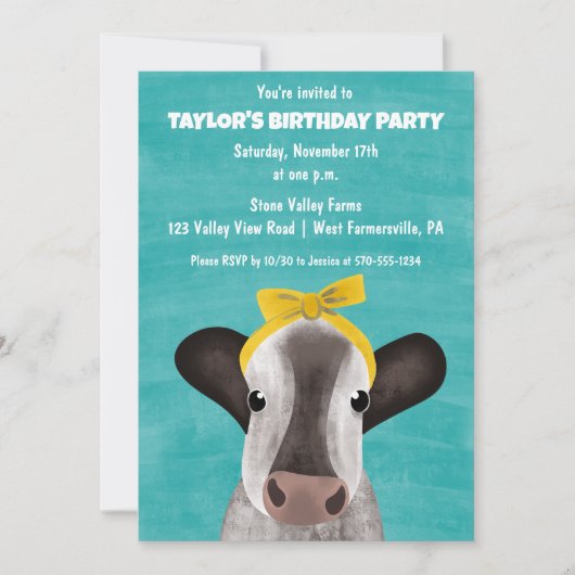 かわいい牛と弓の歳の誕生日パーティー 招待状 (正面)