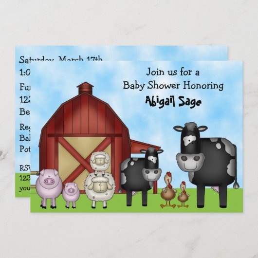 かわいい牛と納屋周囲の庭農場動物の赤ちゃんシャワー 招待状 (正面/裏面)