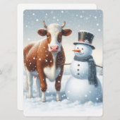 かわいい牛と雪だるまが冬の野原にいる シーズンカード (正面/裏面)