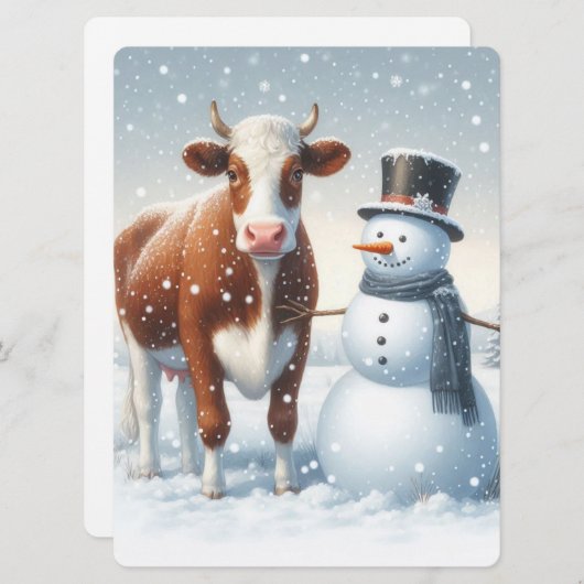 かわいい牛と雪だるまが冬の野原にいる シーズンカード (正面/裏面)