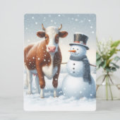 かわいい牛と雪だるまが冬の野原にいる シーズンカード (スタンド正面)