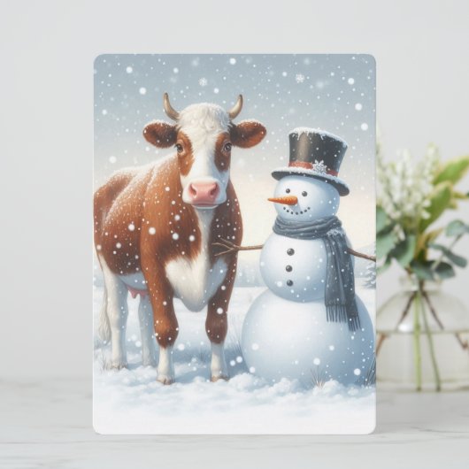 かわいい牛と雪だるまが冬の野原にいる シーズンカード (スタンド正面)
