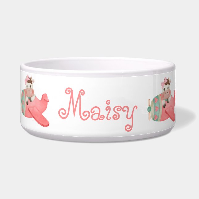 かわいい牛と飛行機、水彩、シンプルパーソナライズされた ボウル (正面)