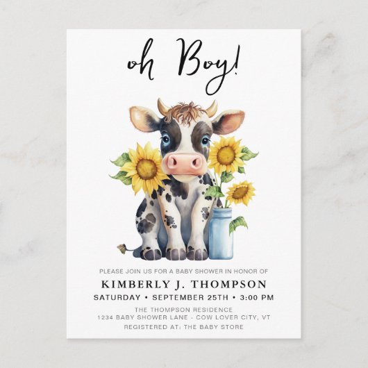 かわいい牛のひまわりモダン花農園動物の赤ちゃんシャワー インビテーションポストカード (正面)