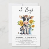 かわいい牛のひまわりモダン花農園動物の赤ちゃんシャワー 招待状 (正面)