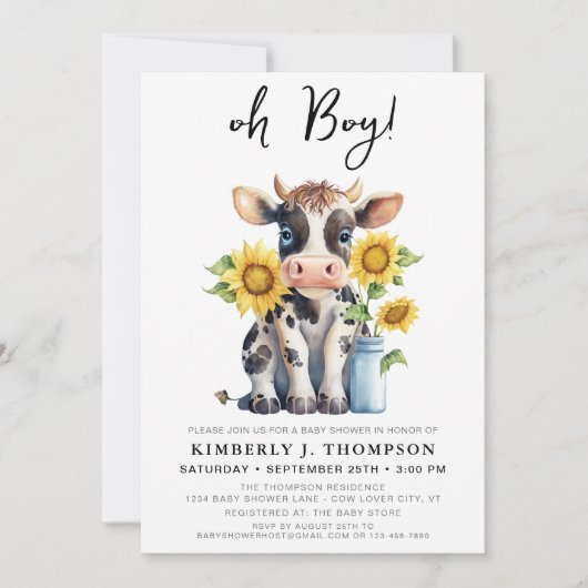 かわいい牛のひまわりモダン花農園動物の赤ちゃんシャワー 招待状 (正面)