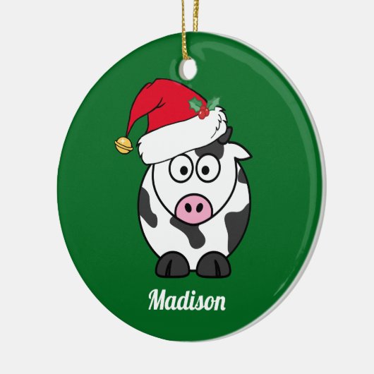 かわいい牛のクリスマスグリーンパーソナライズされたキッズ セラミックオーナメント (左)