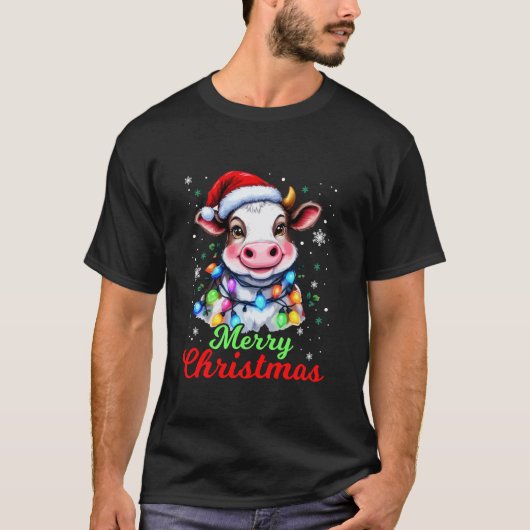 かわいい牛のクリスマスライトキッズ女性ファーム動物L Tシャツ (正面)