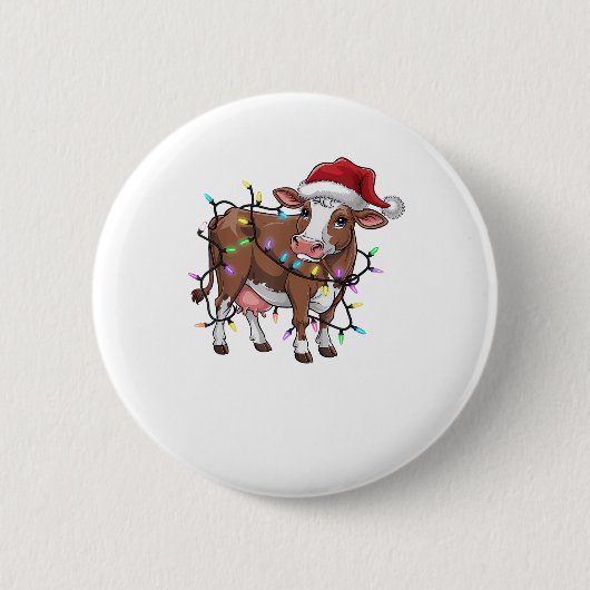 かわいい牛のクリスマスライトトナカイのサンタ・クリスマス 缶バッジ (正面)