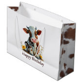 かわいい牛のハッピーバースデーホワイト ラージペーパーバッグ (正面アングル)