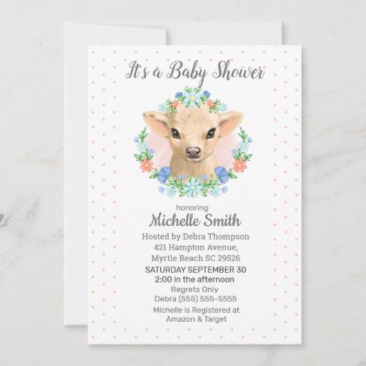 かわいい牛のピンクの女の子の花のベイビーシャワー 招待状 (正面)