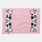 かわいい牛のピンクストライプ色 キッチンタオル (横)