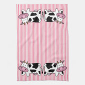 かわいい牛のピンクストライプ色 キッチンタオル (縦)