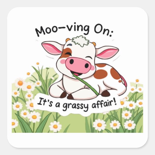 かわいい牛のピンク食べの芝生 スクエアシール (正面)