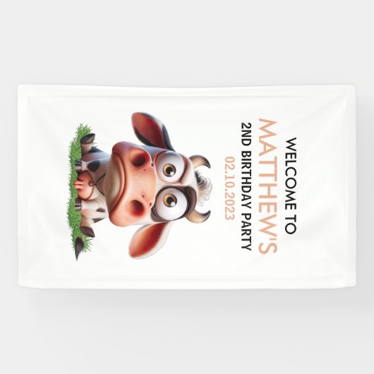 かわいい牛のファーム動物2nd誕生日パーティーへようこそ 横断幕 (横)