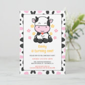 かわいい牛のプリントピンク&ブラックガーリーバースデーパーティー 招待状 (スタンド正面)