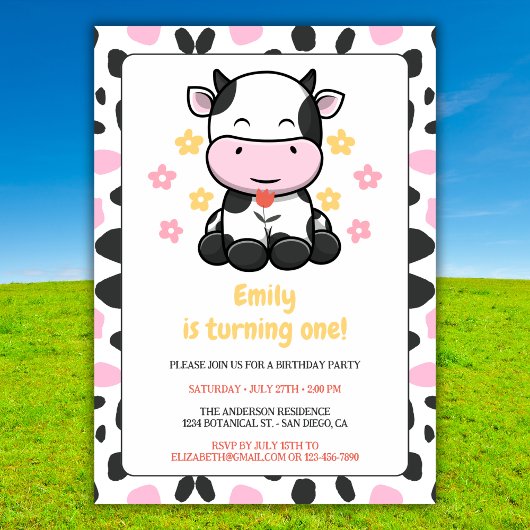 かわいい牛のプリントピンク&ブラックガーリーバースデーパーティー 招待状