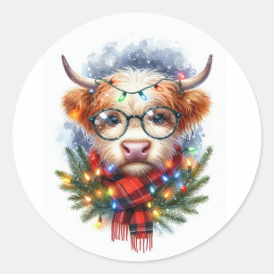 かわいい牛のメリークリスマス ラウンドシール