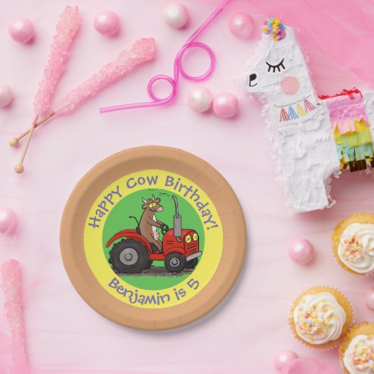かわいい牛の乗馬トラクターのパーソナライズされた誕生日 ペーパープレート (パーティー)