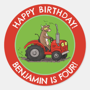 かわいい牛の乗馬トラクターのパーソナライズされた誕生日 ラウンドシール