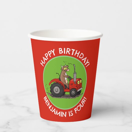 かわいい牛の乗馬トラクターのパーソナライズされた誕生日 紙コップ (正面)