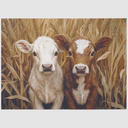 かわいい牛の子牛のトウモロコシ畑のデコパージュ 薄葉紙 (正面)