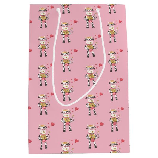 かわいい牛の愛ピンクのバレンタインデー抱き枕 ミディアムペーパーバッグ (正面)