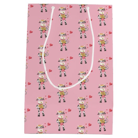 かわいい牛の愛ピンクのバレンタインデー抱き枕 ミディアムペーパーバッグ (裏面)