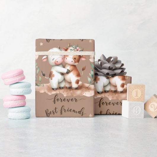 かわいい牛の最高の友達ハグフローラアート ラッピングペーパー (ベビーシャワー)