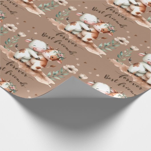 かわいい牛の最高の友達ハグフローラアート ラッピングペーパー (角)