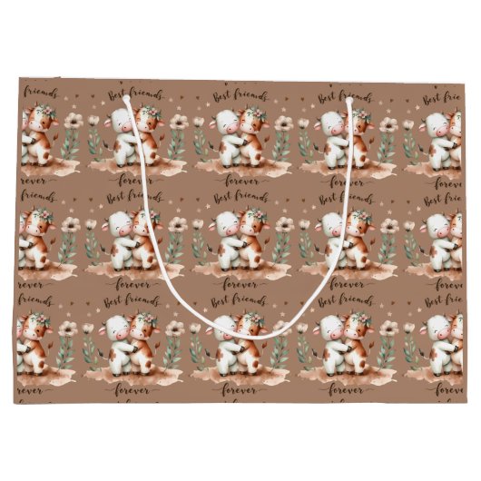 かわいい牛の最高の友達ハグフローラアート ラージペーパーバッグ (裏面)