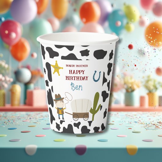 かわいい牛の柄のカウボーイの誕生日 紙コップ