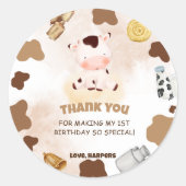 かわいい牛の水の色の誕生日パーティーありがとう ラウンドシール (正面)