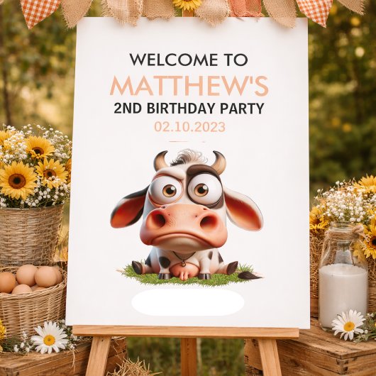 かわいい牛の牧場の動物たちの2歳の誕生日パーティーへようこそ ポスター