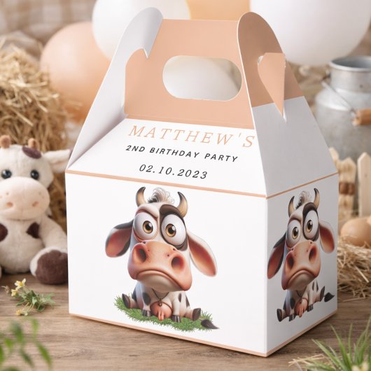 かわいい牛の牧場の動物の2歳の誕生日パーティー フェイバーボックス