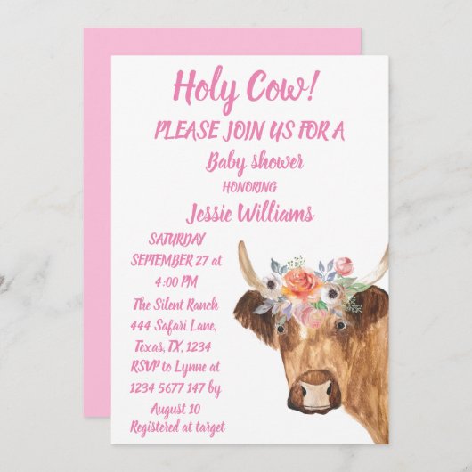かわいい牛の牧場の国産赤ちゃん女の子西部花 招待状 (正面/裏面)