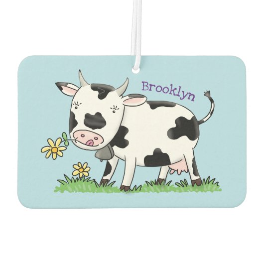 かわいい牛の緑のフィールド漫画イラストレーション カーエアーフレッシュナー (裏面)