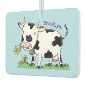 かわいい牛の緑のフィールド漫画イラストレーション カーエアーフレッシュナー (左)