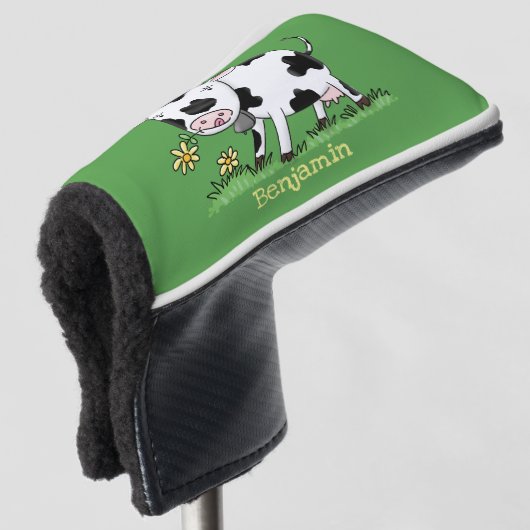 かわいい牛の緑のフィールド漫画イラストレーション ゴルフヘッドカバー (3/4 正面)