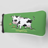 かわいい牛の緑のフィールド漫画イラストレーション ゴルフヘッドカバー (正面)