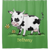 かわいい牛の緑のフィールド漫画イラストレーション シャワーカーテン (正面)