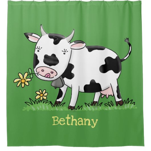 かわいい牛の緑のフィールド漫画イラストレーション シャワーカーテン (正面)